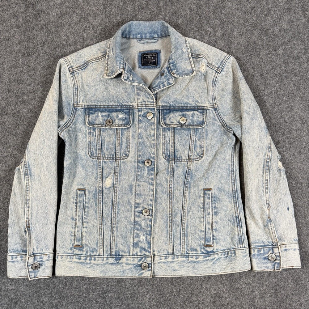 Abercrombie & Fitch Acid Wash Denim Trucker Jacket Mens M Light Blue Distressed